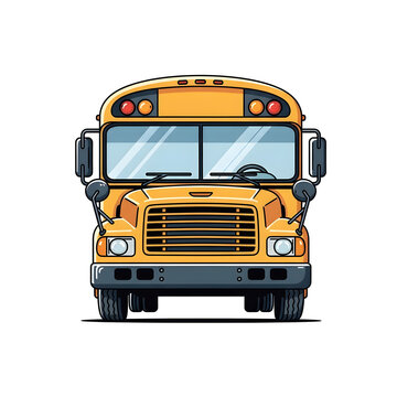 Yellow school bus front view showing black grille headlights and large side.