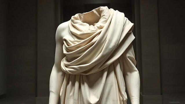 A headless marble statue with detailed toga folds in a museum setting.