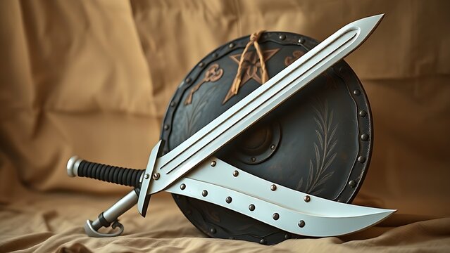 A meticulously crafted foam longsword leans against an antiqued leather shield on a tent canvas.