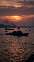 Obraz premium Warship silhouette in Persian Gulf, geopolitical tension