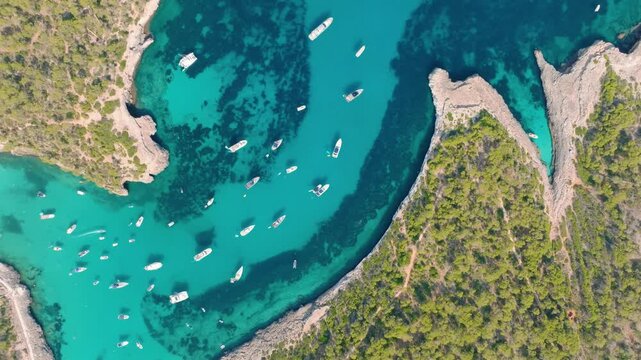 Top down aerial drone view of yachts and boats in a turquoise bay with crystal clear water. Bright sunny summer landscape of a scenic coast and Mediterranean beach.