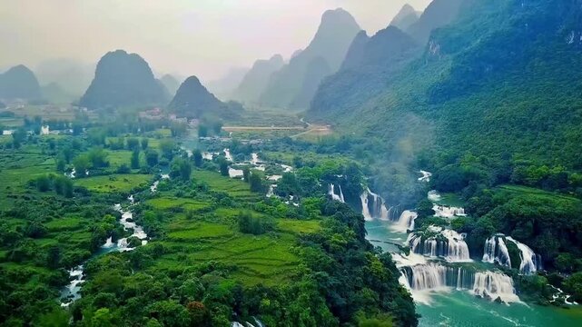 High Top Drone View of Detian Waterfall at Guangxi China