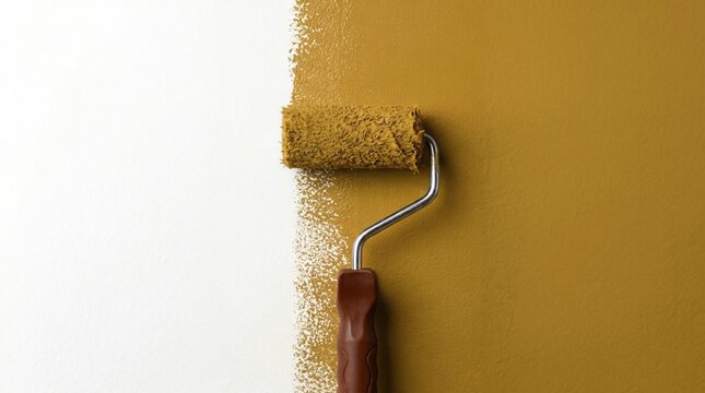 Close-up of a paint roller applying yellow ochre paint on a clean white wall, leaving a textured stroke with copy space. Home renovation and interior design concept