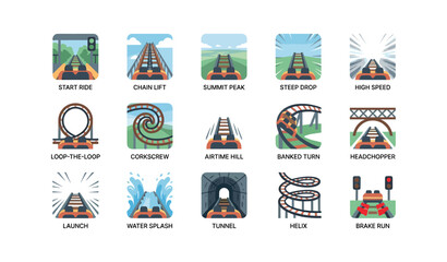 Fototapeta premium Roller coaster point of view icons arranged in square frames