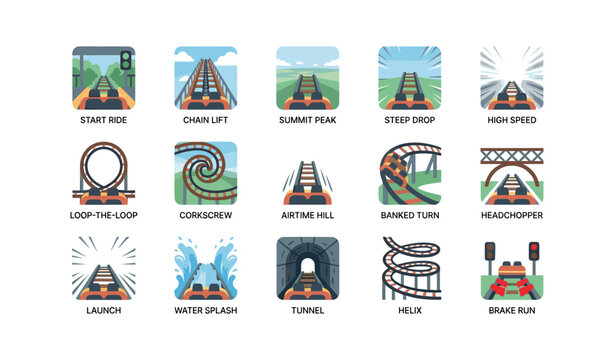 Roller coaster point of view icons arranged in square frames