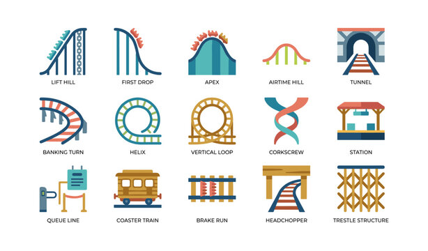 Roller coaster element icons arranged in labeled grid on white