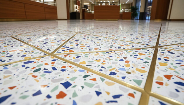 Bespoke Terrazzo flooring texture with geometric brass inlay strips
