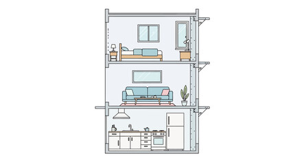 Fototapeta premium Modern Three-Story House Cross-Section Illustration with Kitchen Living Room and Bedroom - Minimalist Architectural Cutaway Vector
