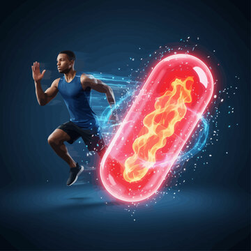 Man runs quickly with a glowing red pill beside him in a dark room