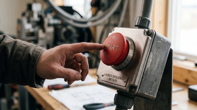 Close up of a persons finger pressing a large red emergency stop button on industrial machinery.
