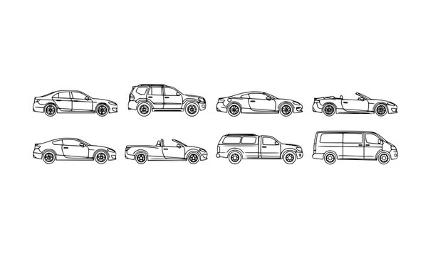 Minimalist line art car body types set with sedan suv coupe hatchback van and pickup vehicle outline icon