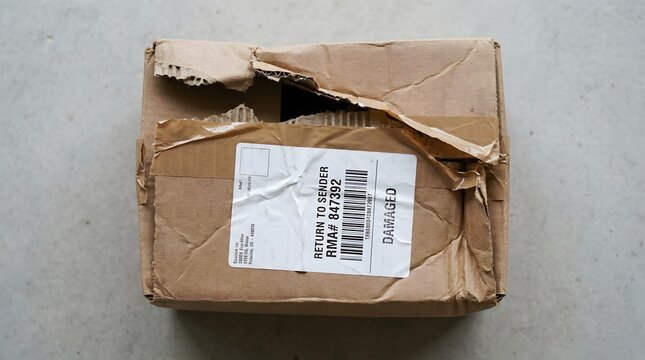 Damaged cardboard package shipping return concept.
