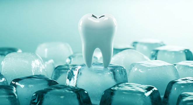 Human tooth on ice cubes representing sensitive teeth pain
