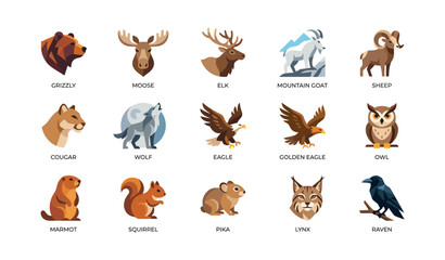 Obraz premium Wildlife animal icons showing heads and full bodies on white backdrop