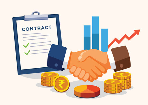Two hands shaking in front of contract clipboard with coins graphs and upward arrow for business deal