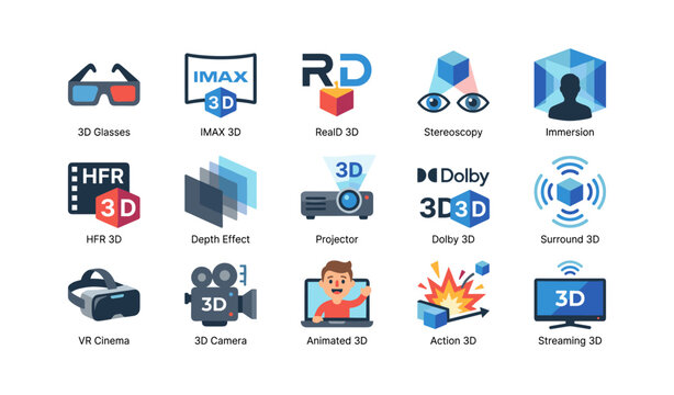 3d and vr cinema icons displaying technologies and devices on white
