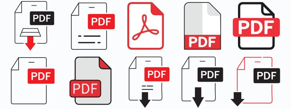 
PDF file format icons set. PDF file download symbols. Format for texts, images, vector images, videos, interactive forms - vector EPS-10