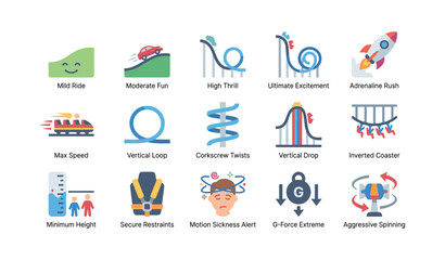 Fototapeta premium Roller coaster and ride icons illustrating thrill levels on white