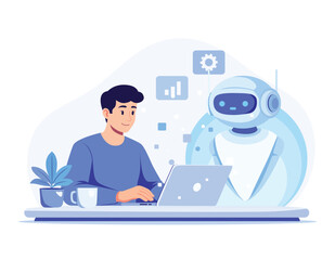 Person at desk with laptop and friendly robot beside plant and coffee cup with gear and chart icons © Sumaiya