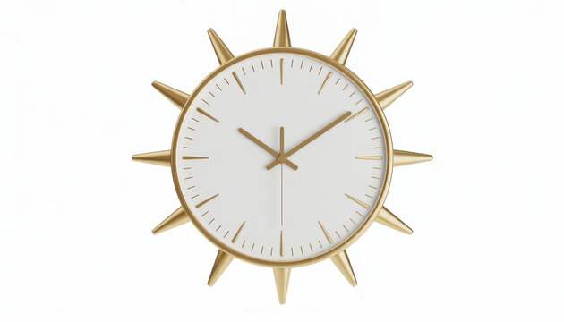 Gold sunburst wall clock with white face and thin hands isolated on a plain white background