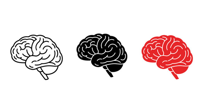 Three stylized brain icons in white, black, and red on a plain background, modern vector illustration.