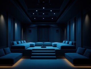 Naklejka premium Dark luxury home theater with plush seating. Blue ambient lighting enhances modern design. Center stage features sleek, tiered seating arrangement. Ceiling lights add subtle illumination