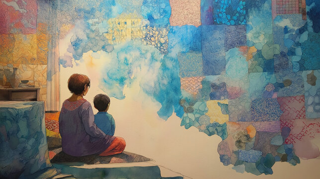 Watercolor illustration of a mother and child sitting at home, gazing at a patchwork map collage, symbolizing education, family bonding, geography learning, culture and travel dreams. family, mother