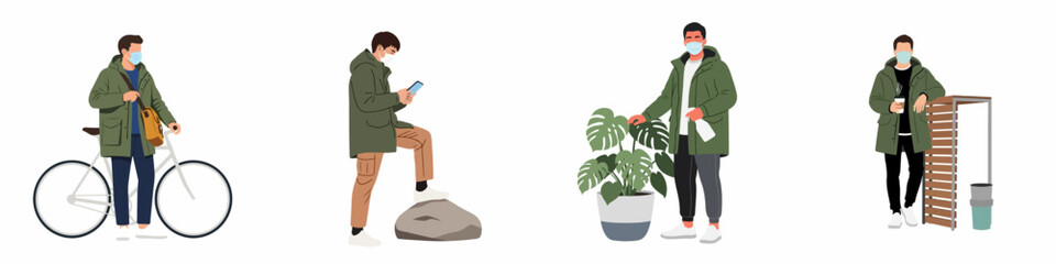 Set of young men wearing protective face masks and green parkas engaged in daily activities like cycling, using phones, and gardening, isolated on white. © Tono