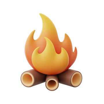 Campfire 3d vector illustration, burning fire on logs, outdoor camping flame, warm cozy bonfire icon