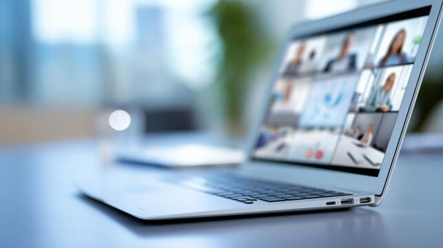 Close-up of a laptop screen showing a video call with multiple faces in grid format on a conference table, remote team meeting concept, virtual collaboration, hybrid work