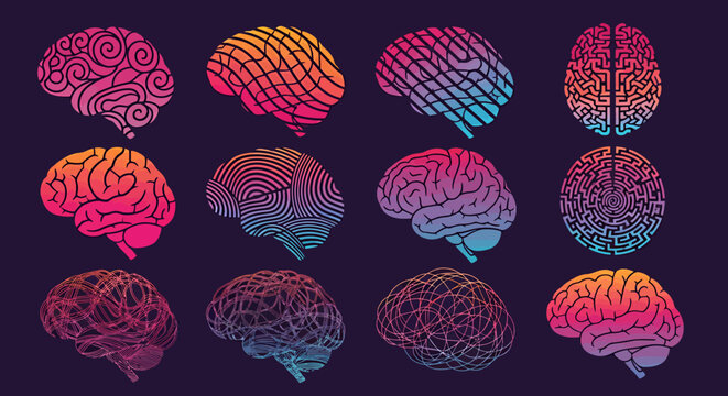 Colorful illustrated brains collection in neon gradient tones arranged in grid.