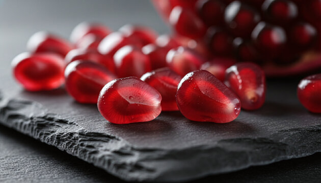 Translucent ruby red pomegranate arils glowing on dark slate macro