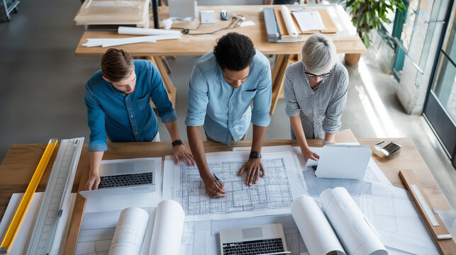 Overhead view of architects working over blueprints spread across a large office desk with rulers and laptops, design team collaboration concept, project planning, creative