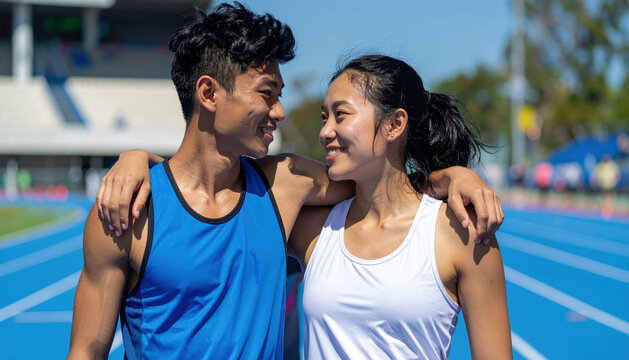 Coppia di giovani atleti che si guardano sorridendo sulla pista. Generative AI