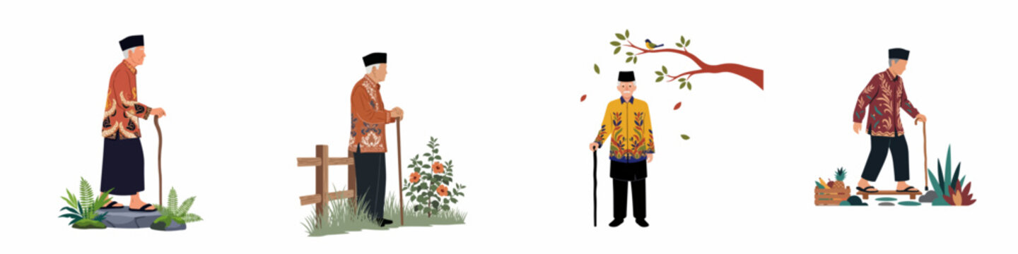 Set of flat vector illustrations depicting an elderly Southeast Asian man wearing traditional batik and songkok, using a walking stick in nature.
