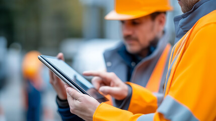Obraz premium Rear view of construction site professionals reviewing blueprints together on a tablet outdoors, field team collaboration concept, architectural project discussion, on-site