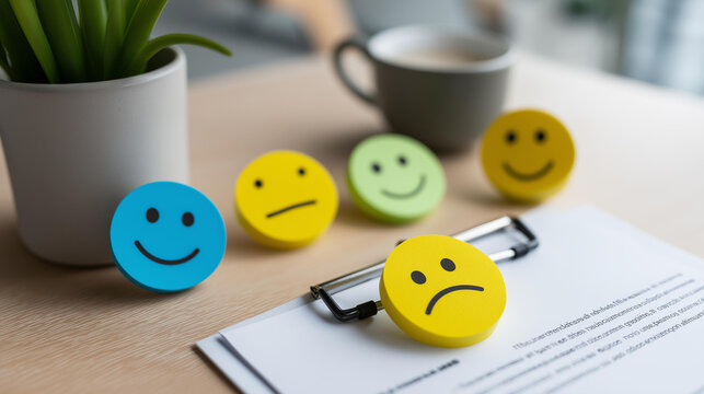 Overhead flat lay of diverse emoji sticky note faces arranged around a central project document, team sentiment concept, creative communication, collaborative planning, with copy