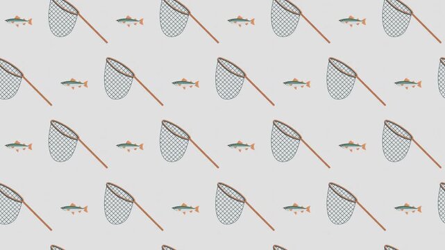 Fishing Net and Salmon Fish Seamless Pattern Background, fishing hobby and aquatic life concept.
