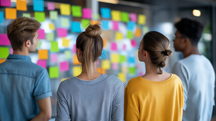 Obraz premium Rear view of a mixed-gender team standing in front of a wall covered in colorful sticky notes, collaborative planning concept, creative team brainstorming, office strategy