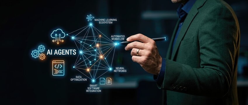 Exploring ai agents and machine learning solutions in modern business strategies global conference infographic presentation technology hub innovative concepts
