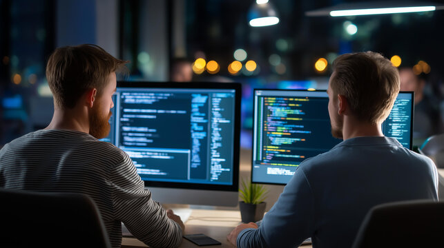 Rear view of software developers at multiple monitors coding late at night in a dark tech office, programmer collaboration concept, software development teamwork, night shift