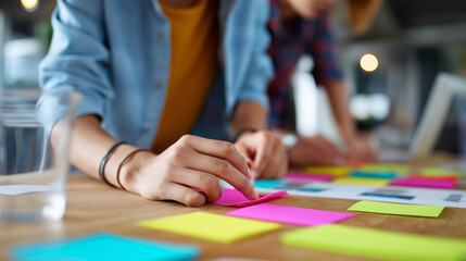 Fototapeta premium Close-up of hands working collaboratively over colorful sticky notes and printed papers on a wooden table, creative workshop concept, team planning session, visual brainstorming,