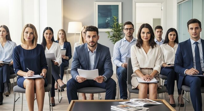 A group of professional people sit attentively in a modern meeting room. Several men and women in business attire are seated in chairs, some taking notes with pens.