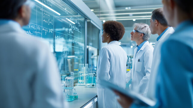 Rear view of a science lab team gathered around an experiment table reviewing chemistry equations on a glass wall, research collaboration concept, laboratory teamwork, scientific