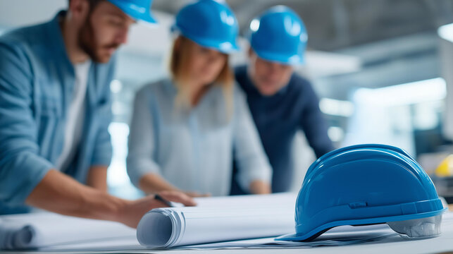 Rear view of a team of architects and engineers in helmets reviewing technical drawings on a table, cross-functional collaboration concept, construction project meeting, technical