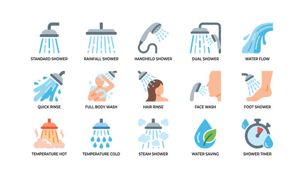 Shower and water control icons arranged in grid on white background