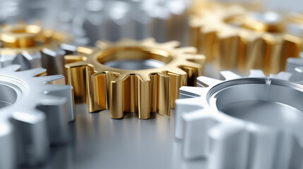 Naklejka premium Close-up of interlocking gear shapes arranged in a puzzle formation, top view, business mechanism concept, operational synergy, team process visualization, with copy space