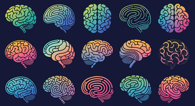 Colorful Brain Illustration Collection in Neon Hues for Scientific and Educational Use.