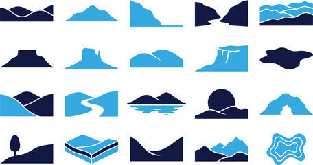 Collection of landscape and nature scene icons and symbols for graphic design. © FihaArt