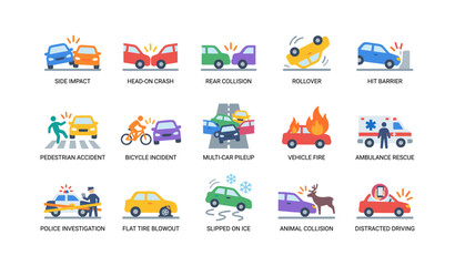 Fototapeta premium Various vehicle accident and emergency icons arranged in grid
